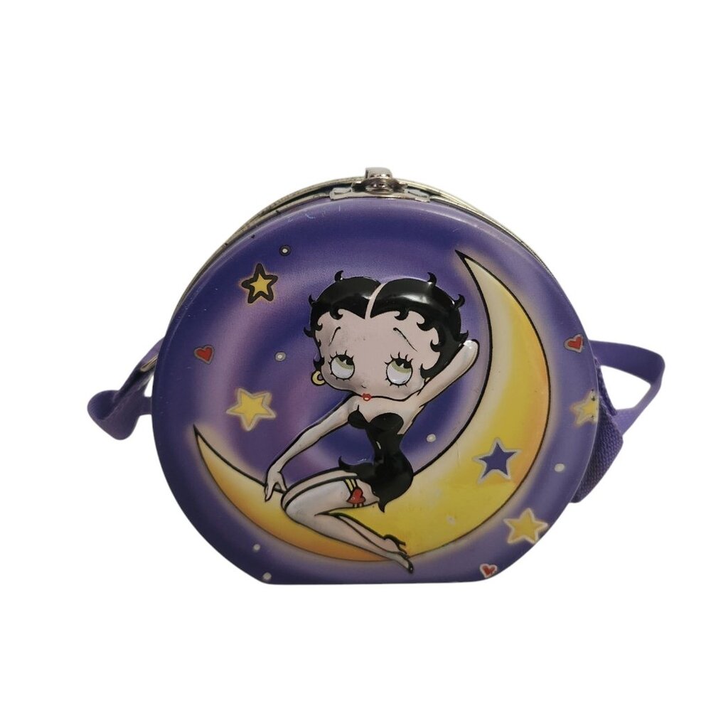 Vintage Betty Boop Purple Moon Embossed Tin Metal Purse Lunchbox Nylon Strap